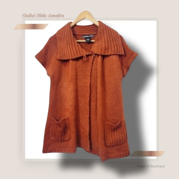 🌿United States Sweaters Women's Med Pumpkin Orange Short Sleeve Knit Cardigan - Picture 3 of 15